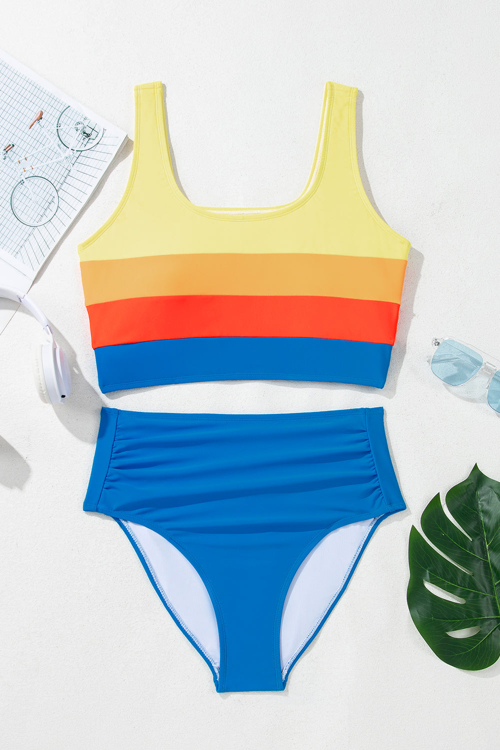 Colorblock High Waist Bikini Set – Square Neck Pleated Swimwear