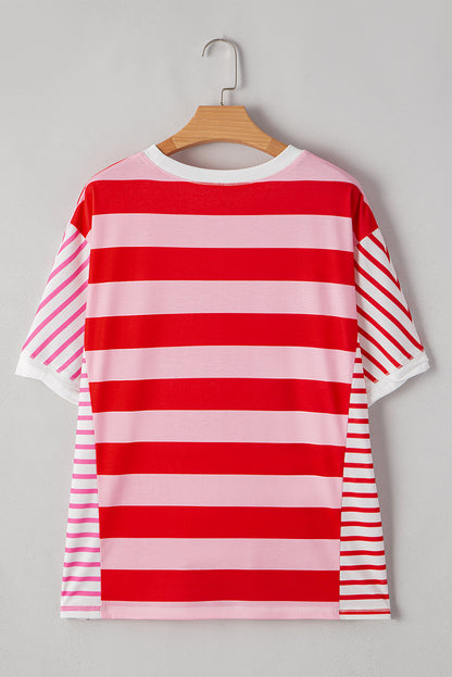 Pink Stripe Colorblock Split Hem Tee