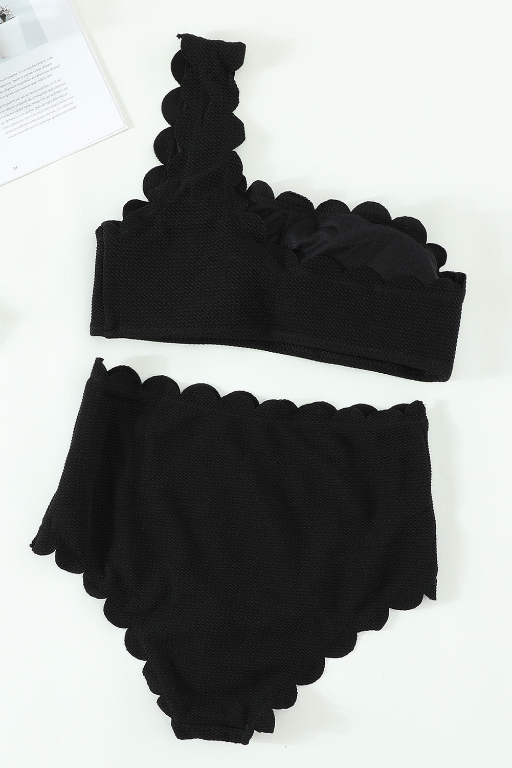 Black One Shoulder Scallop Bikini Set – Padded Wire Free Swimwear