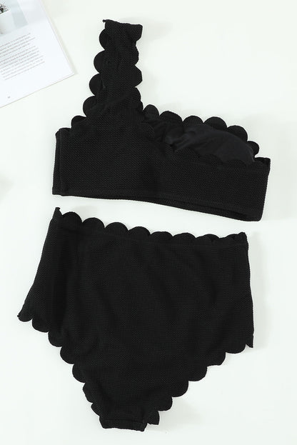 Black One Shoulder Scallop Bikini Set – Padded Wire Free Swimwear