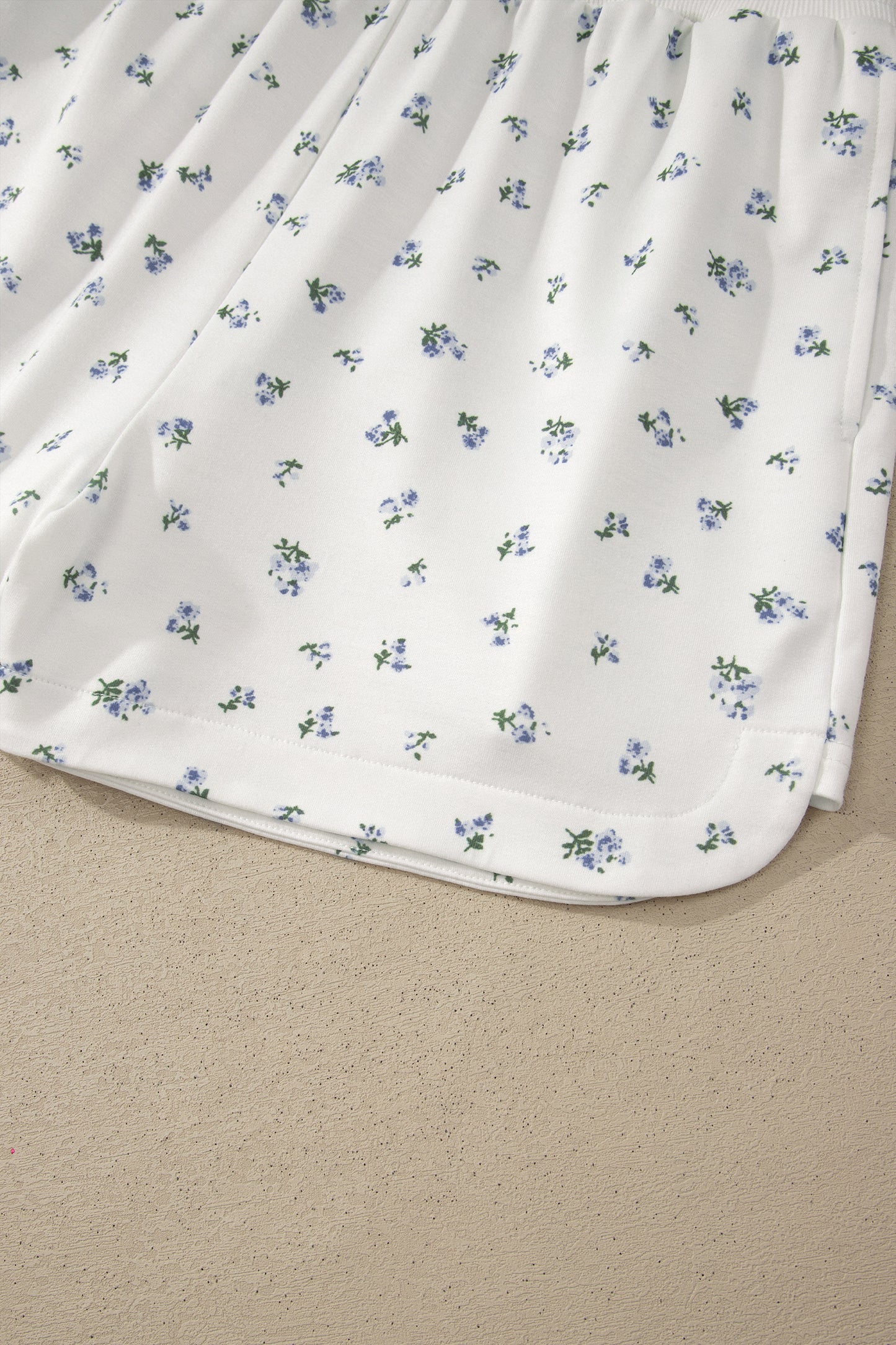 White Floral Two Piece Short Set – Hooded Zip Top and Drawstring Shorts