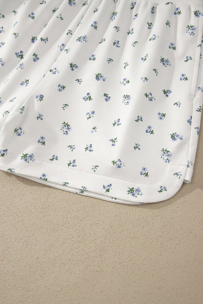 White Floral Two Piece Short Set – Hooded Zip Top and Drawstring Shorts