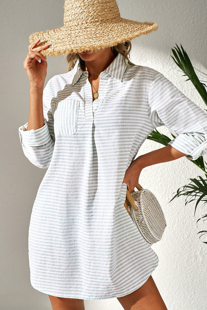 White Stripe Beach Cover Up Shirt – Collared Long Sleeve Button Down