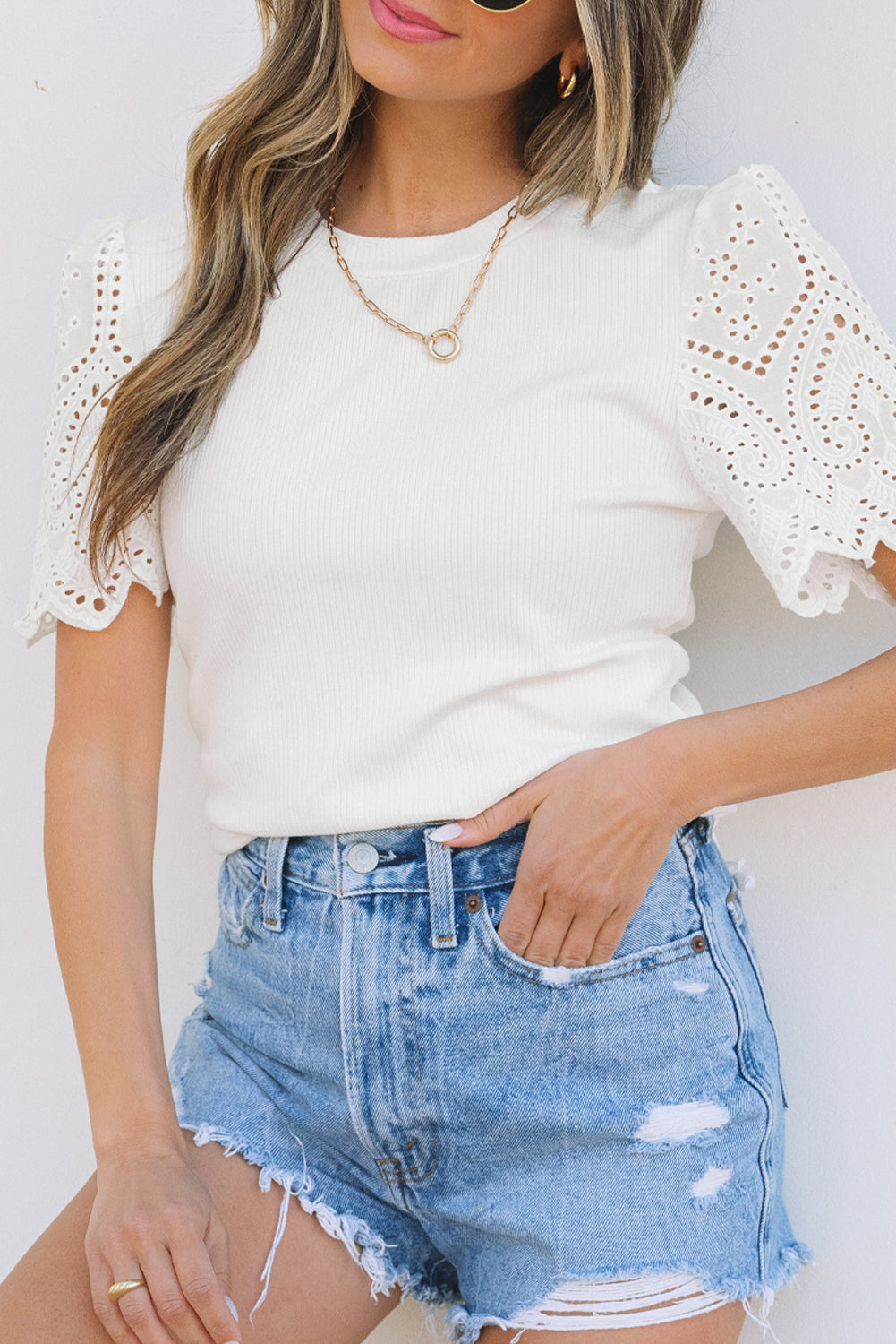 White Lace Patchwork Eyelet Top