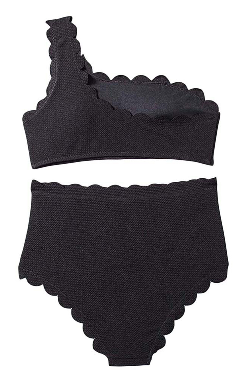 Black One Shoulder Scallop Bikini Set – Padded Wire Free Swimwear