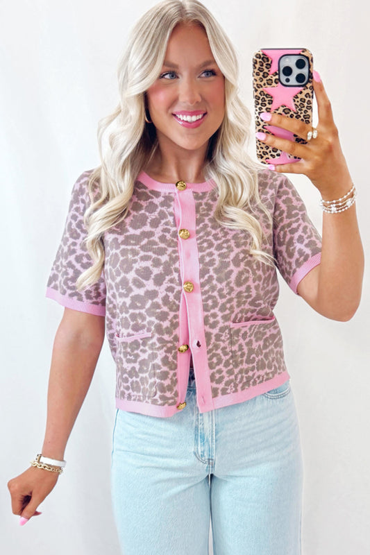 Pink Leopard Print Cardigan – Short Sleeve Button Front Sweater