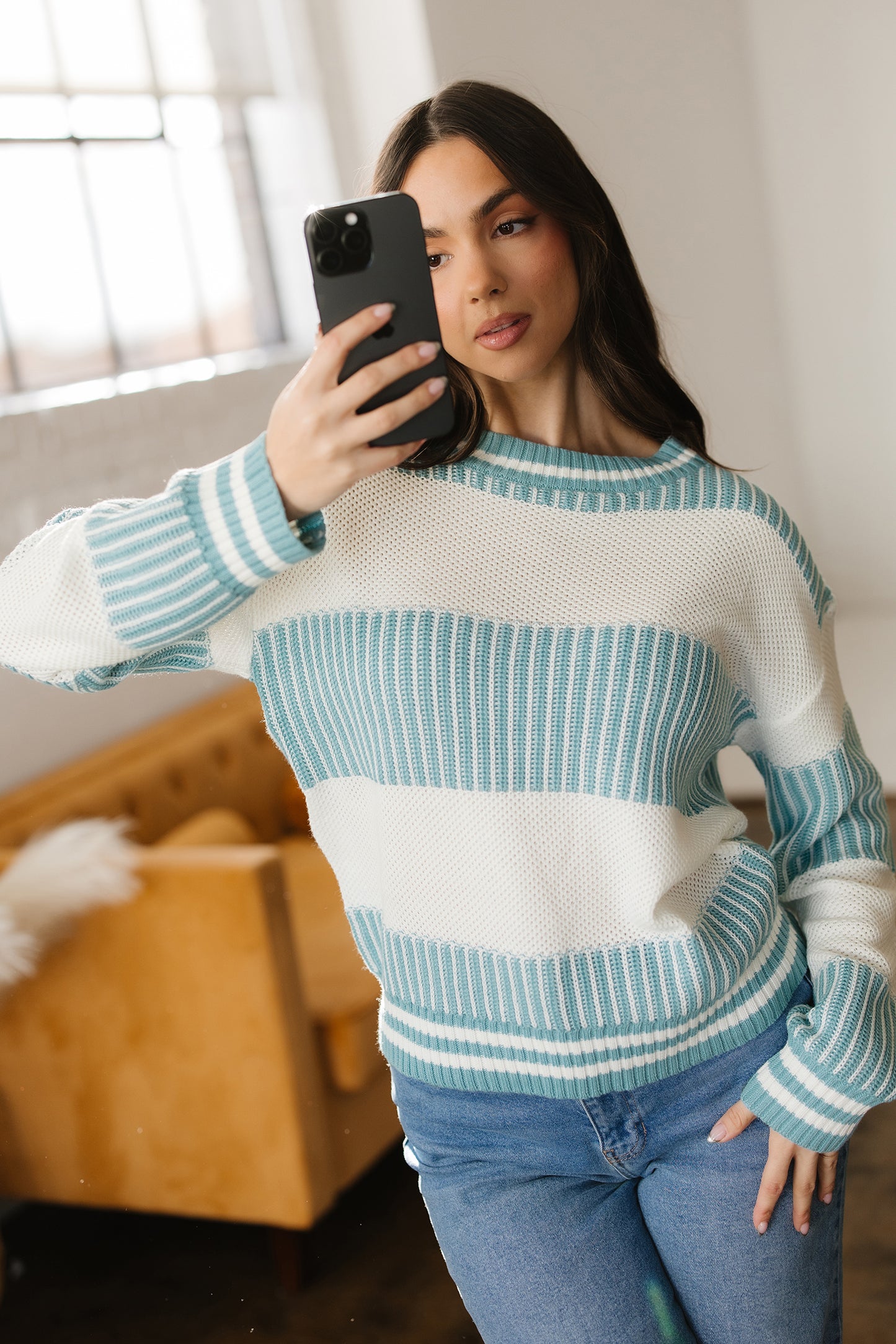 Two Tone Striped Patchwork Drop Shoulder Loose Sweater