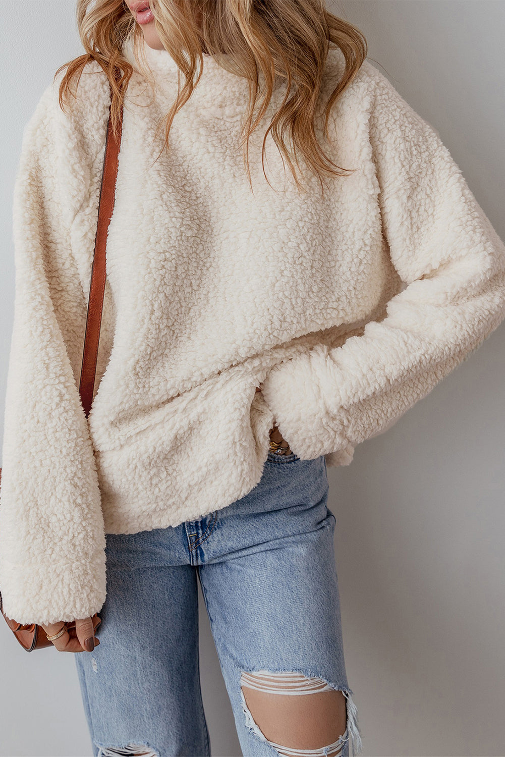 White Mock Neck Fleece Pullover
