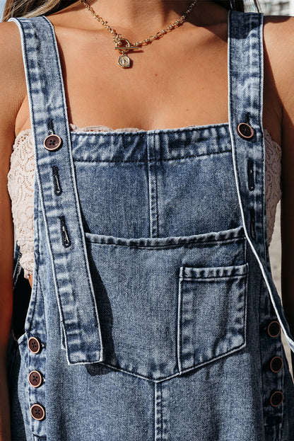 Stone Blue Wide Leg Denim Jumpsuit – Button Bib Pocket Overalls