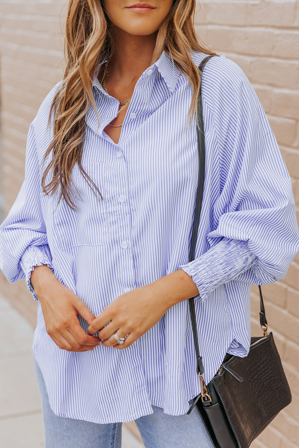 Striped Oversized Button Up Shirt – Smocked Cuff Coastal Top
