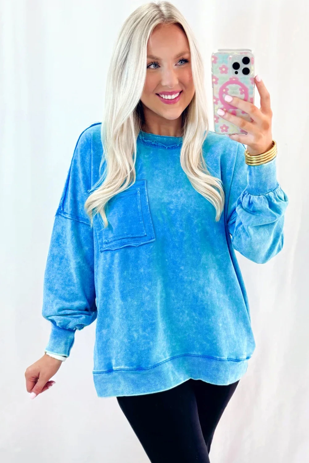 Blue Mineral Wash Sweatshirt – Drop Shoulder Raw Seam Pullover