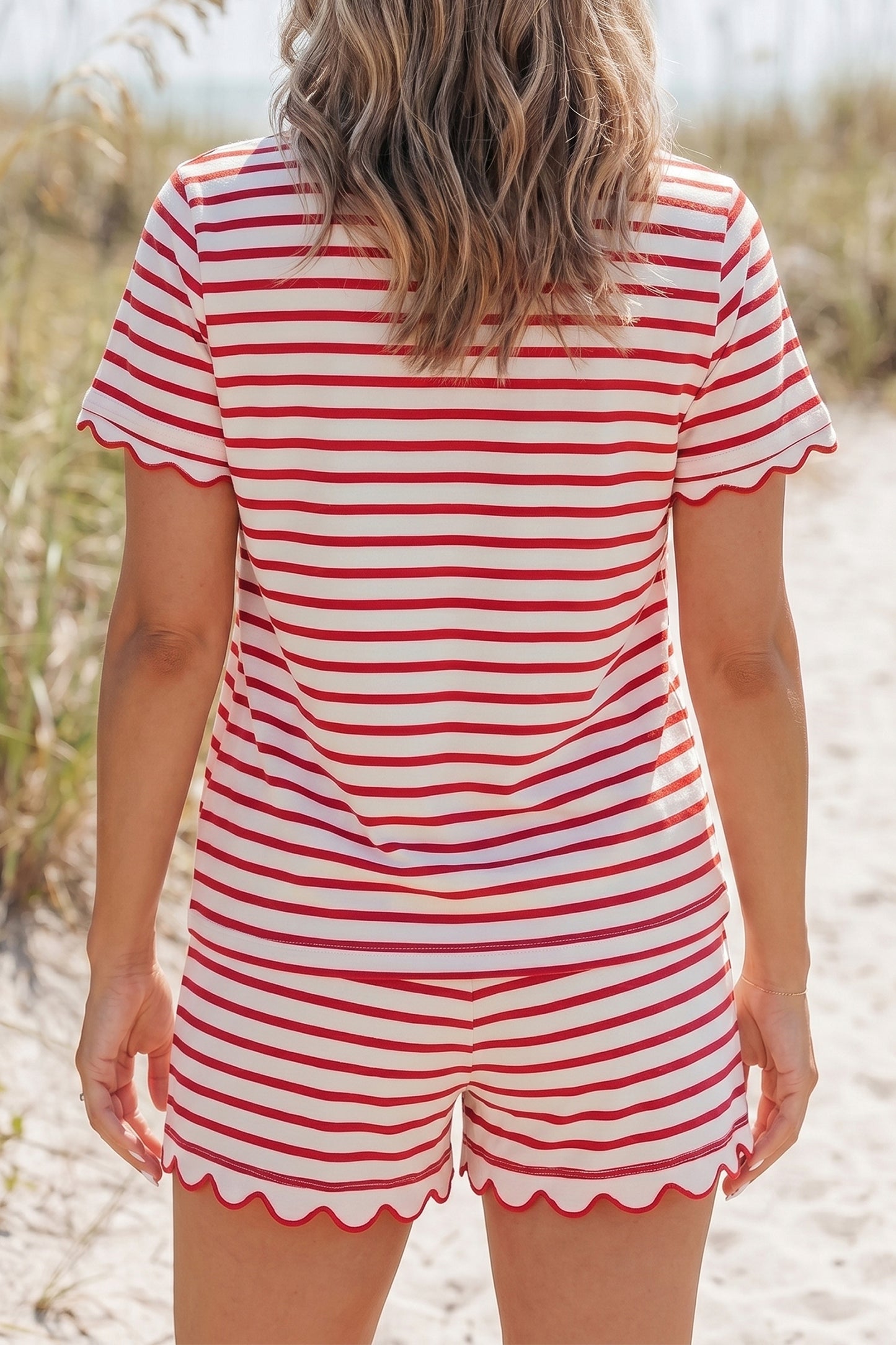 Red Stripe Two Piece Short Set – Scalloped Trim Lounge Outfit