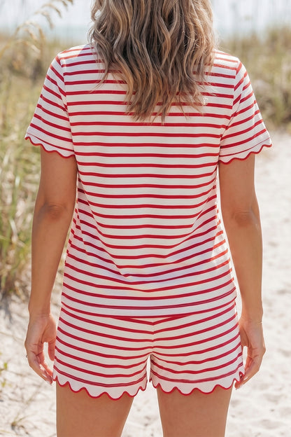 Red Stripe Two Piece Short Set – Scalloped Trim Lounge Outfit