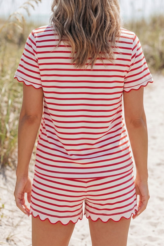 Red Stripe Two Piece Short Set – Scalloped Trim Lounge Outfit