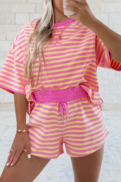Stripe Terry Two Piece Short Set – Drop Shoulder Lounge Set