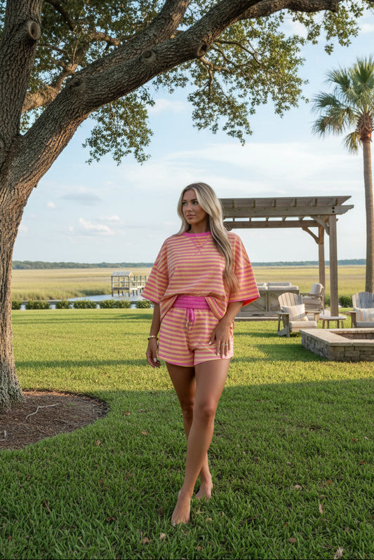 Stripe Terry Two Piece Short Set – Drop Shoulder Lounge Set