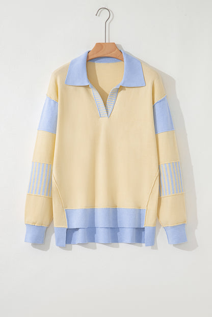 Sky Blue & Buttery Yellow Striped Polo Sweater