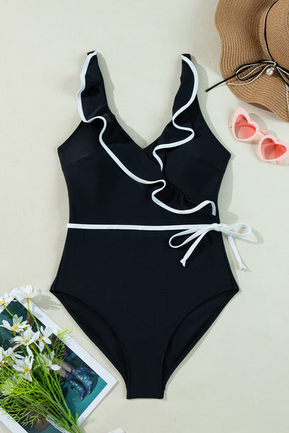 Black & White Ruffle One Piece Swimsuit – V Neck Waist Tie Swimwear