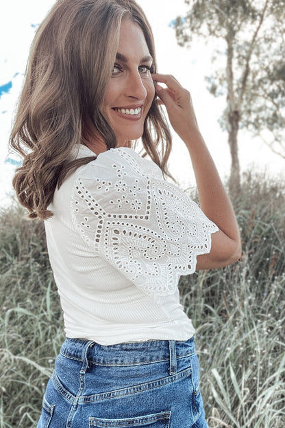 White Lace Patchwork Eyelet Top