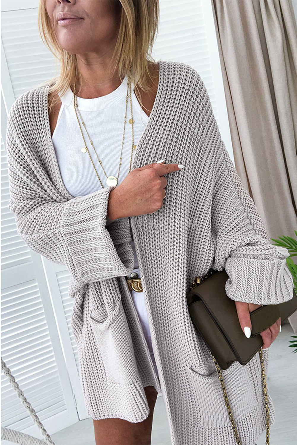 Oversized Batwing Cardigan – Open Front Pocket Knit Sweater