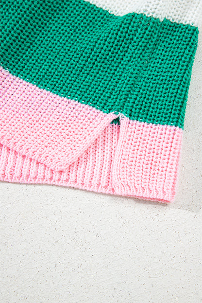Multicolor Colorblock Knit T Shirt – V Neck Striped Short Sleeve Sweater