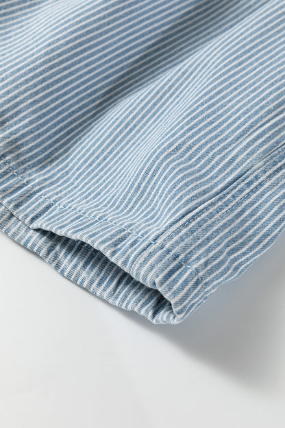 Sky Blue Stripe Denim Shorts – High Waist Drawstring Summer Shorts