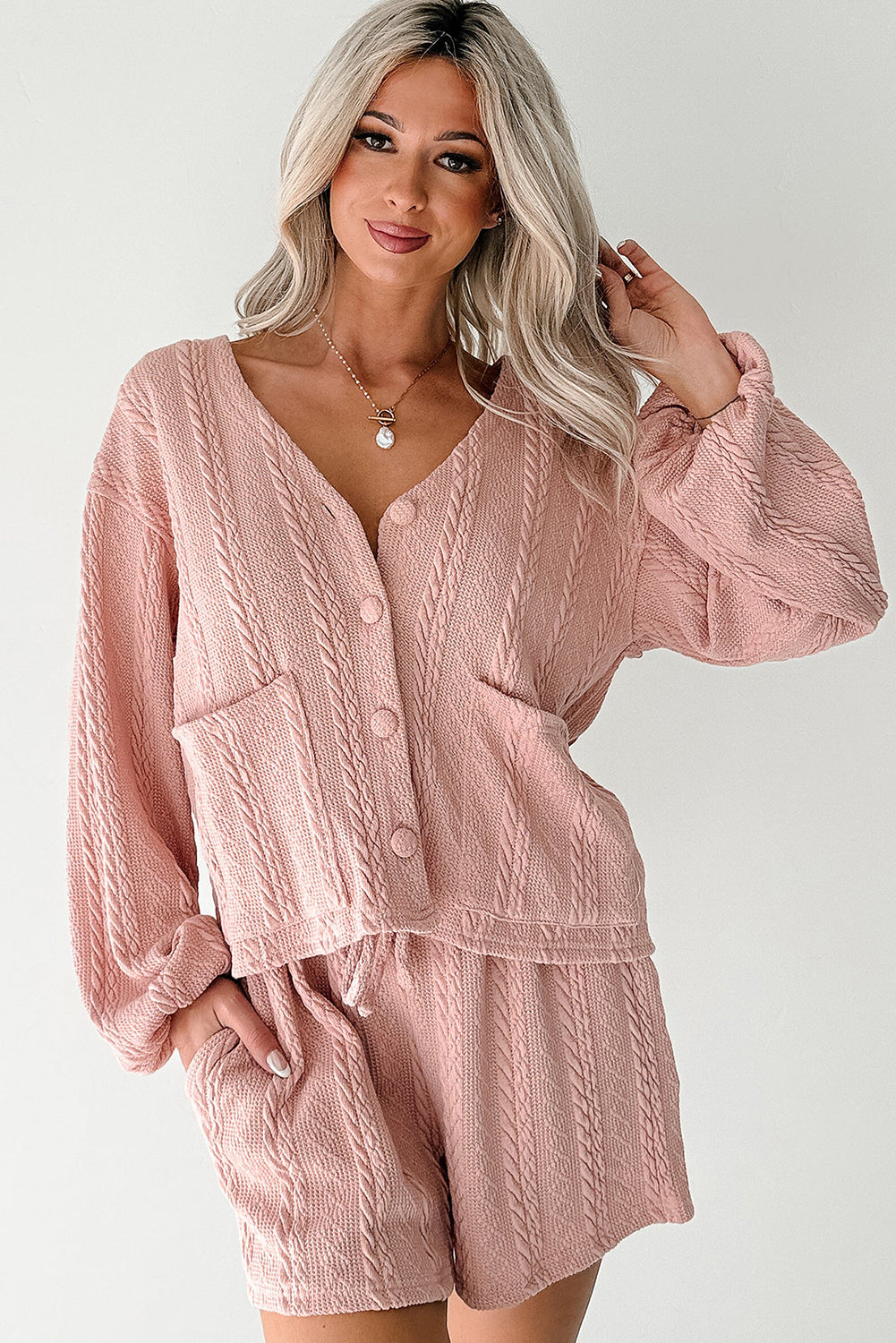 Gossamer Pink Button Cardigan Two Piece Short Set – Cable Knit Lounge Set