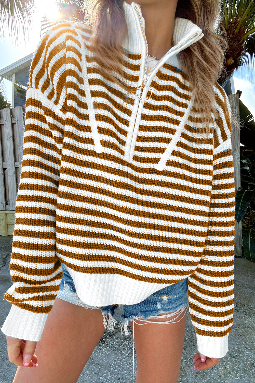 Striped Zip-Up Coastal Sweater – Khaki, Blue, & Black