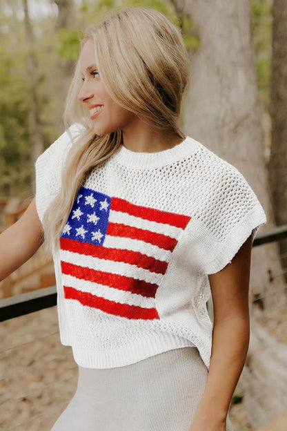 Sky Blue American Flag Knit Top – Short Sleeve Loose Sweater