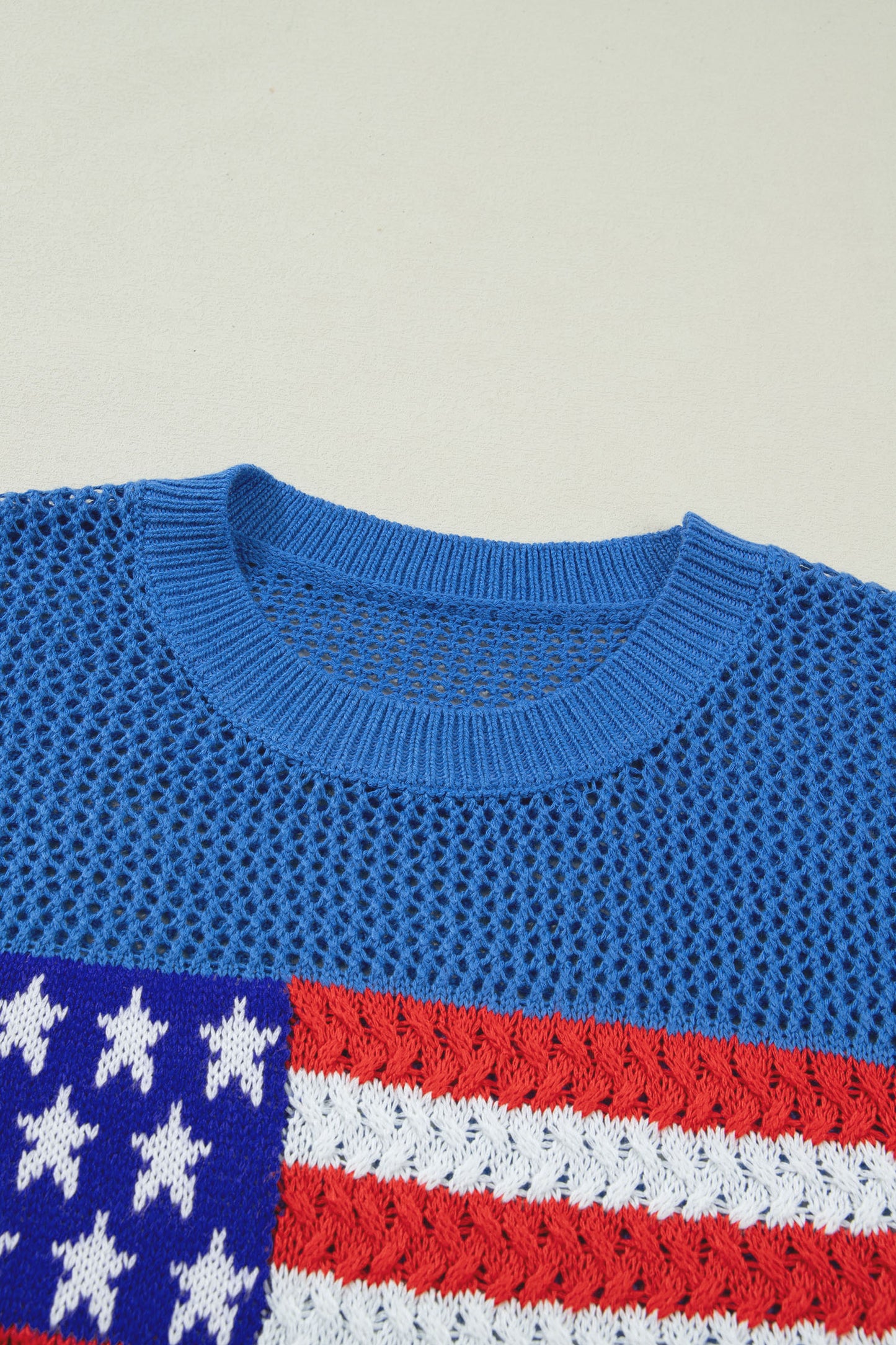 Sky Blue American Flag Knit Top – Short Sleeve Loose Sweater