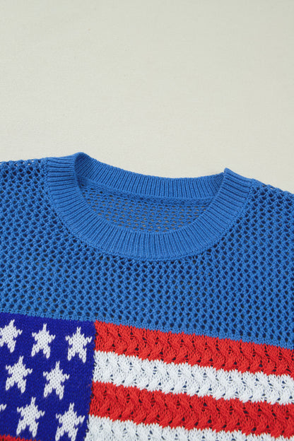 Sky Blue American Flag Knit Top – Short Sleeve Loose Sweater