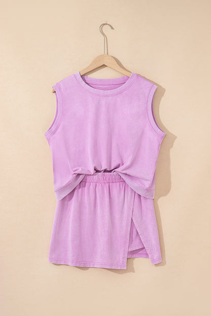 Mineral Wash Two Piece Skirt Set – Sleeveless Tank & Split Skirt