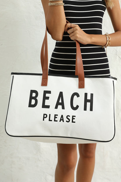 “Beach Please” Oversized Canvas Tote Bag – White Beach Bag