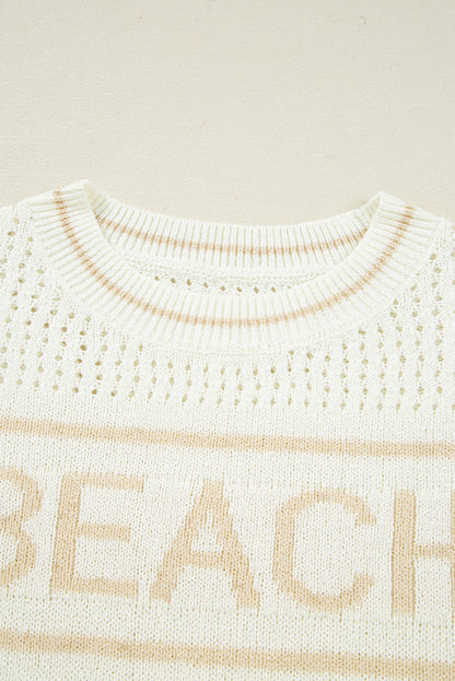 White “BEACH” Letter Cut-Out Sweater