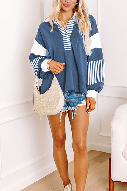 Dark Blue Colorblock Patchwork Pullover