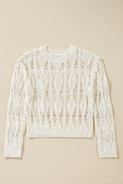 White Ripped Crochet Knit Sweater