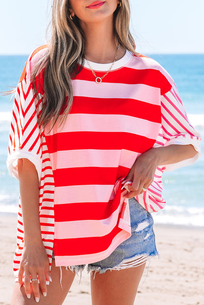 Pink Stripe Colorblock Split Hem Tee
