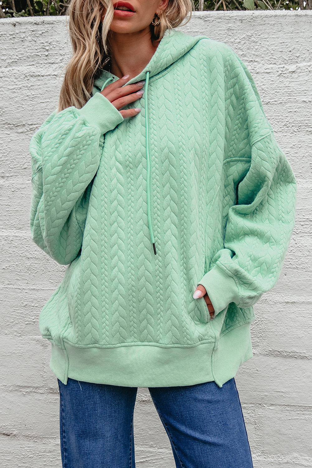Moonlight Jade Cable Textured Hoodie – Oversized Cozy Sweatshirt