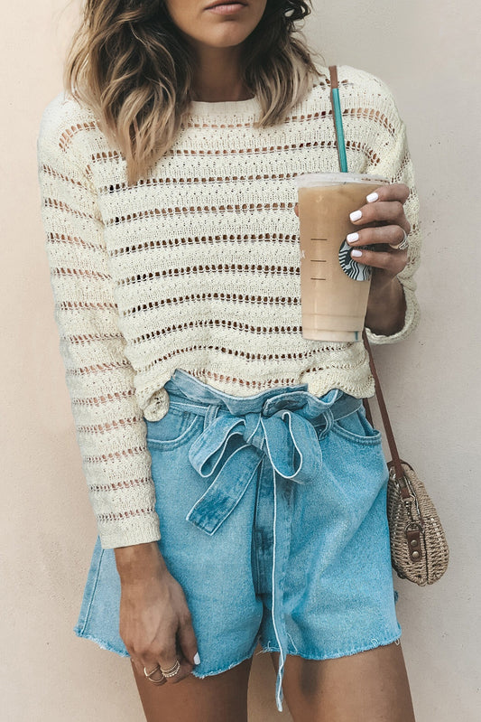 White Hollow-Out Knit Sweater
