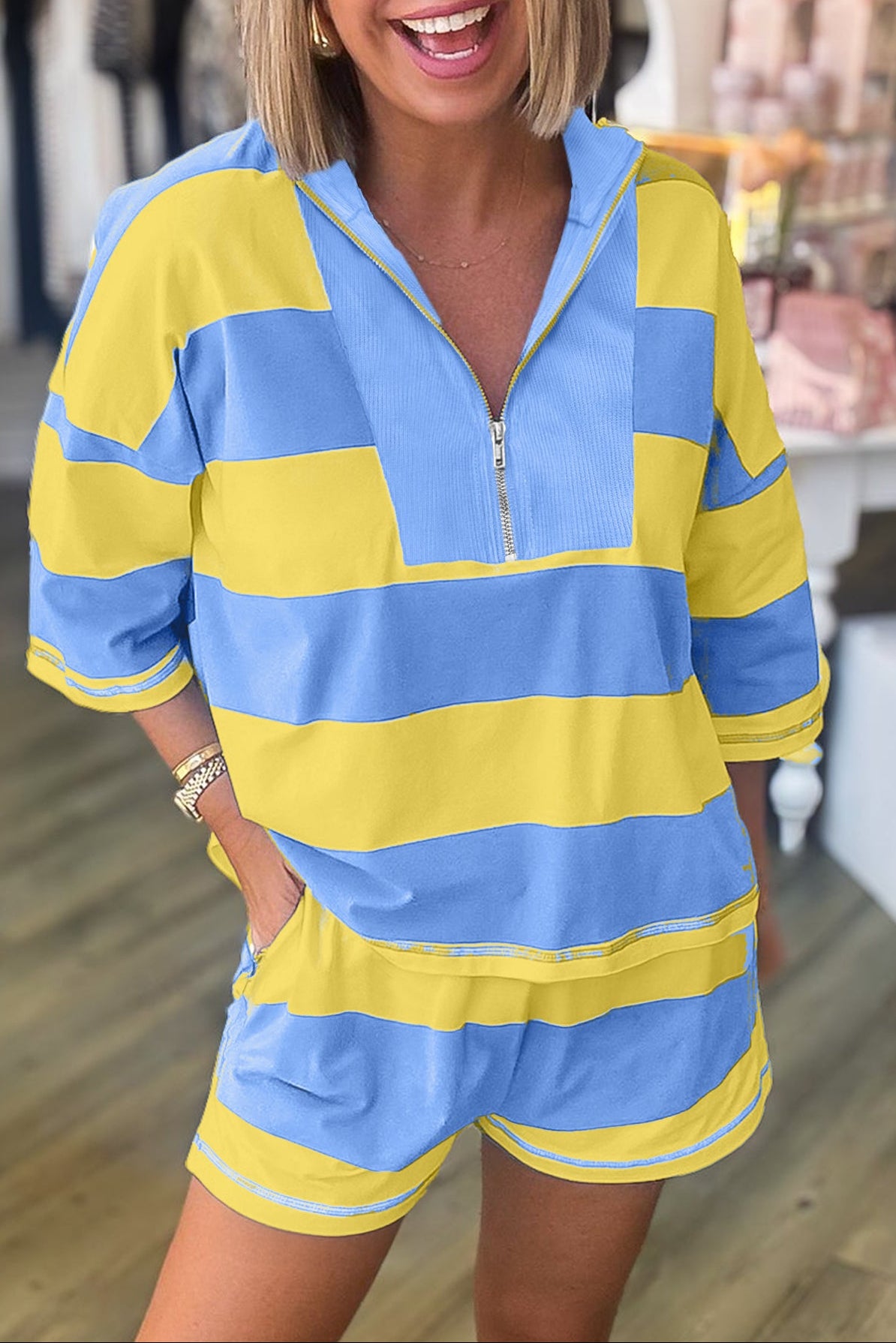 Stripe Colorblock Two Piece Short Set – Zip Collar Tee Outfit