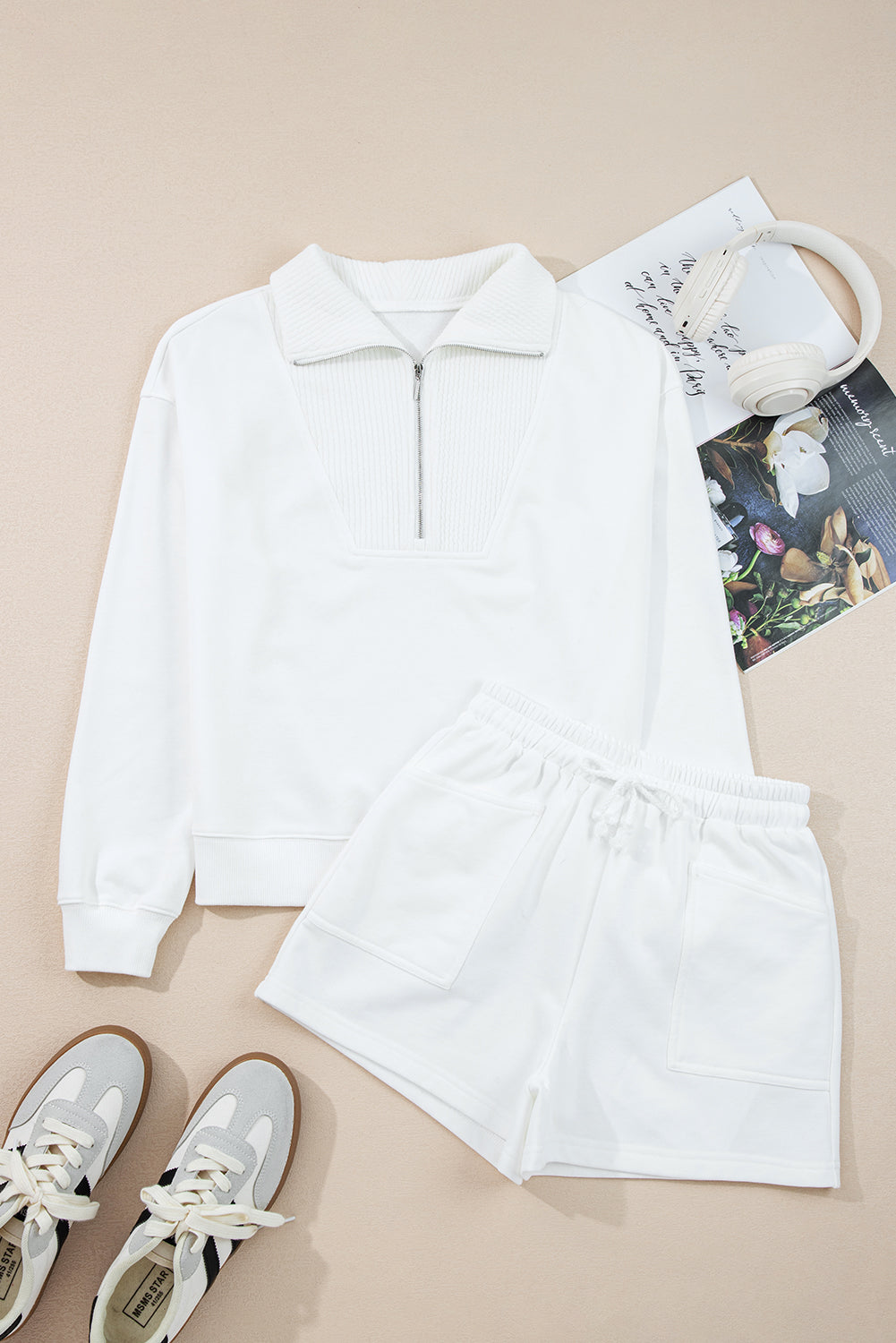 White Lace-Up Two Piece Short Set – Ribbed Collar Drop Shoulder Lounge Set