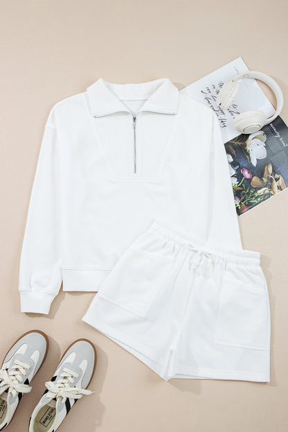 White Lace-Up Two Piece Short Set – Ribbed Collar Drop Shoulder Lounge Set