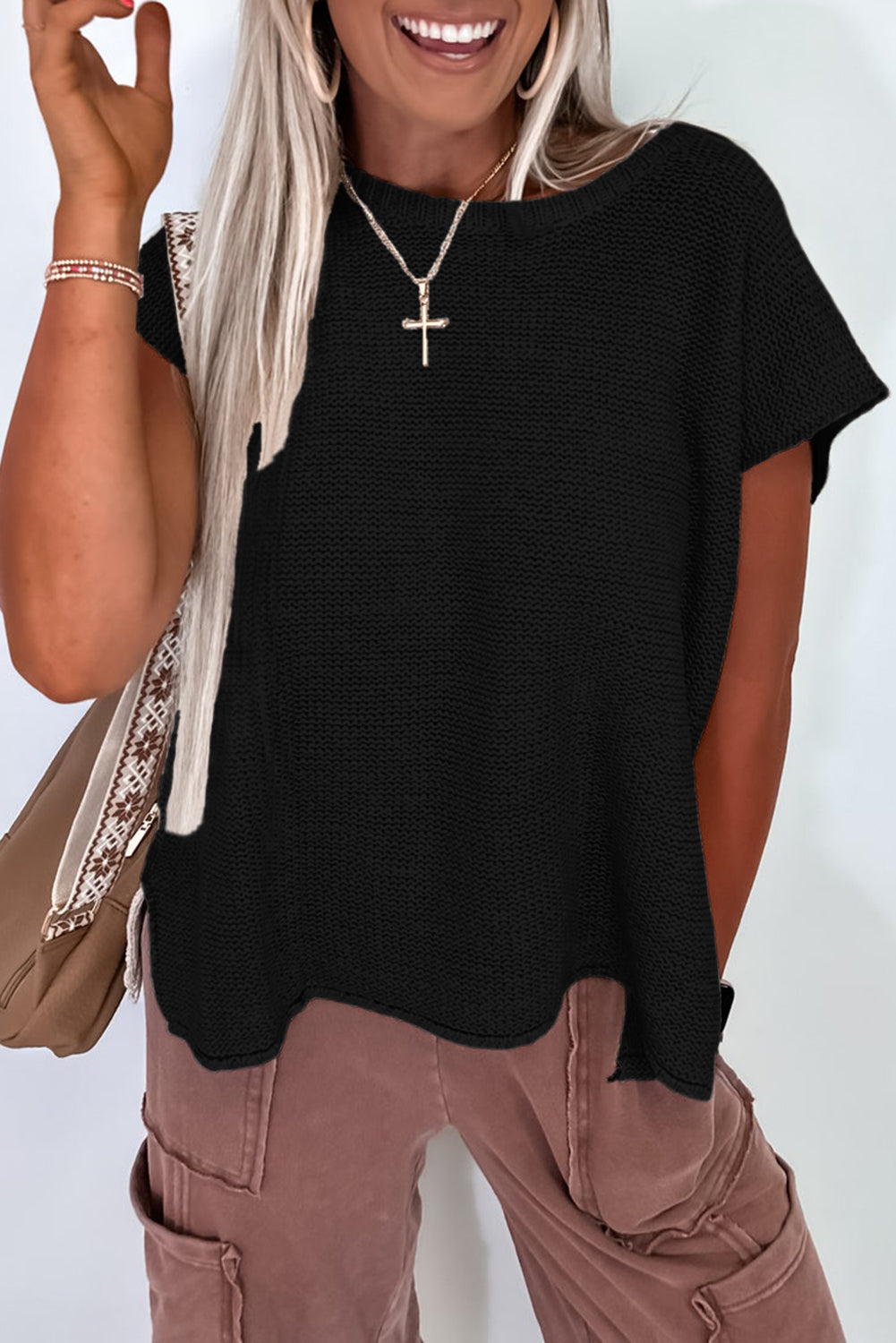 Jet Stream Knit T Shirt – Side Slit Loose Fit Short Sleeve Top
