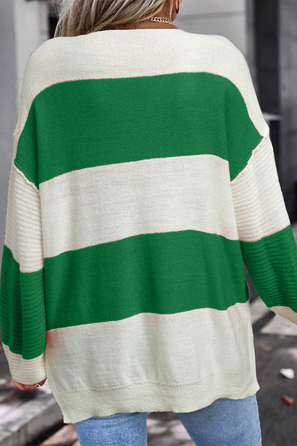 Stripe Colorblock V Neck Sweater – Bubble Sleeve Knit Pullover