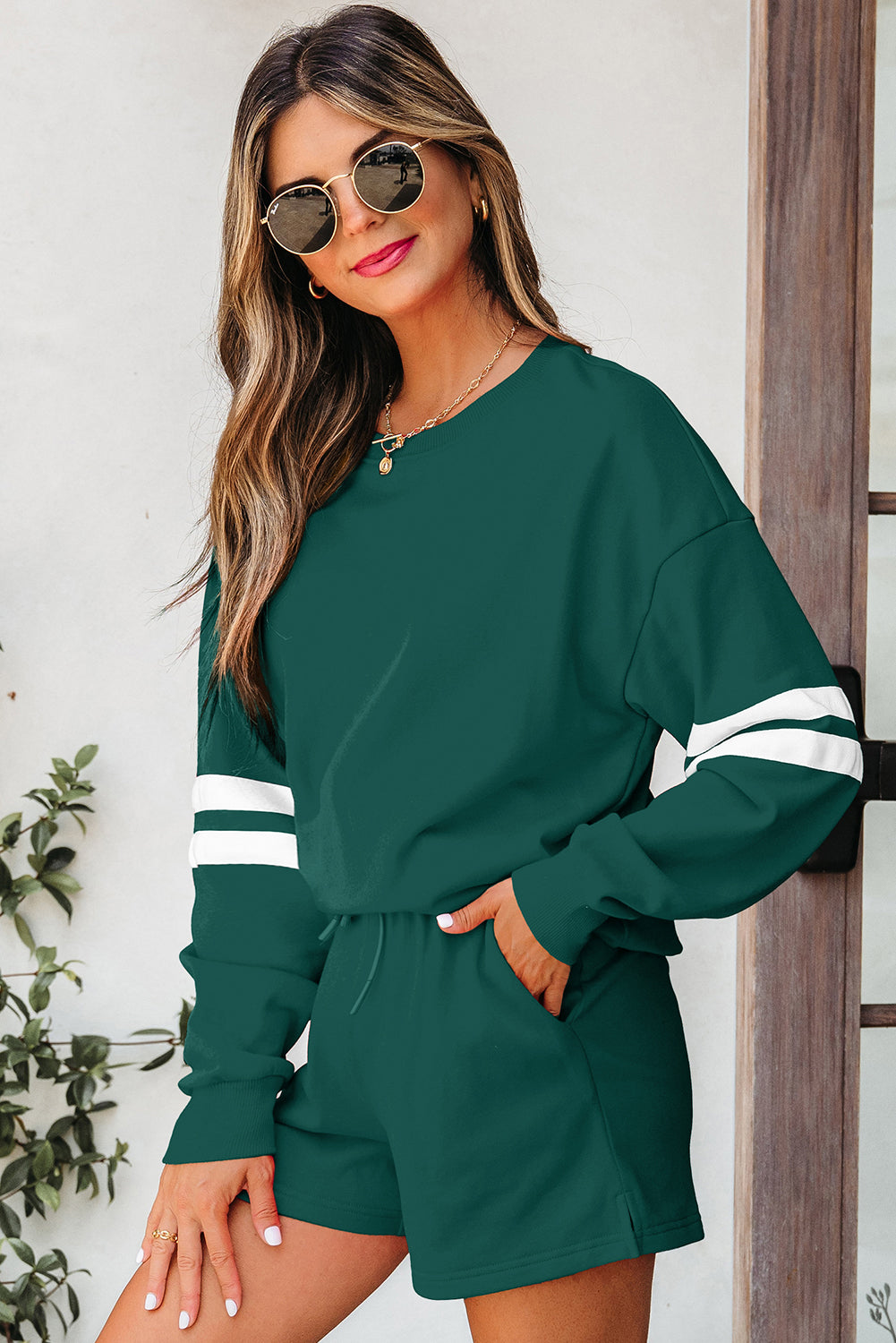 Varsity Two Piece Short Set – Drop Shoulder Pullover Lounge Set