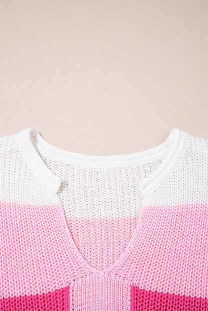 Multicolor Colorblock Knit T Shirt – V Neck Striped Short Sleeve Sweater