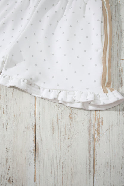 White Polka Dot Two Piece Short Set – Patchwork Sleeve Lounge Outfit