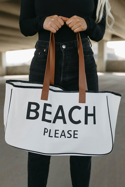“Beach Please” Oversized Canvas Tote Bag – White Beach Bag