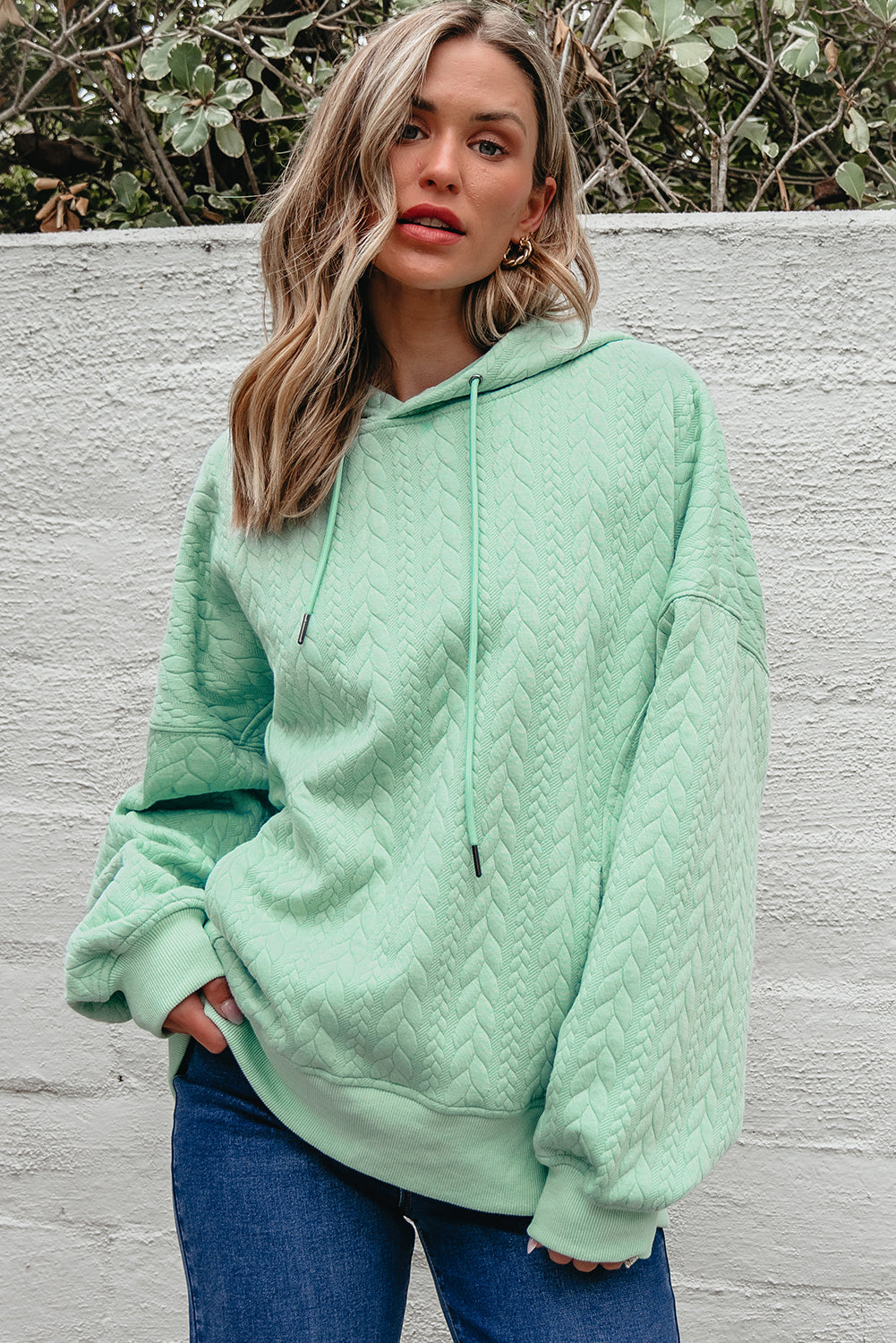 Moonlight Jade Cable Textured Hoodie – Oversized Cozy Sweatshirt