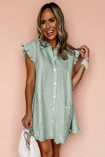 Green Stripe Button Mini Shirt Dress – Frill Detail Casual Cotton Dress